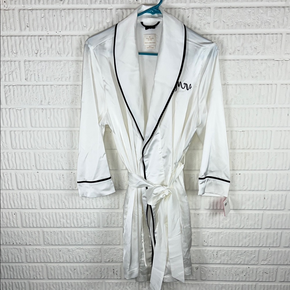 Kate Spade Mrs. White Satin Robe with Black Trim NWT